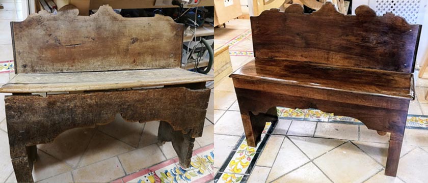 Panca in legno restaurata artigianalmente: confronto prima e dopo