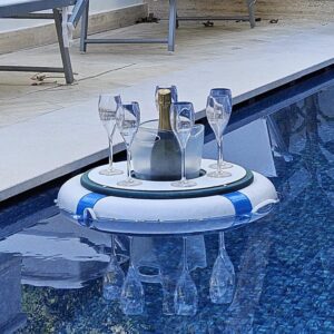 Porta flûte galleggiante artigianale Slowood, elegante e resistente all’acqua, ideale per servire champagne e aperitivi in barca, yacht o piscina.
